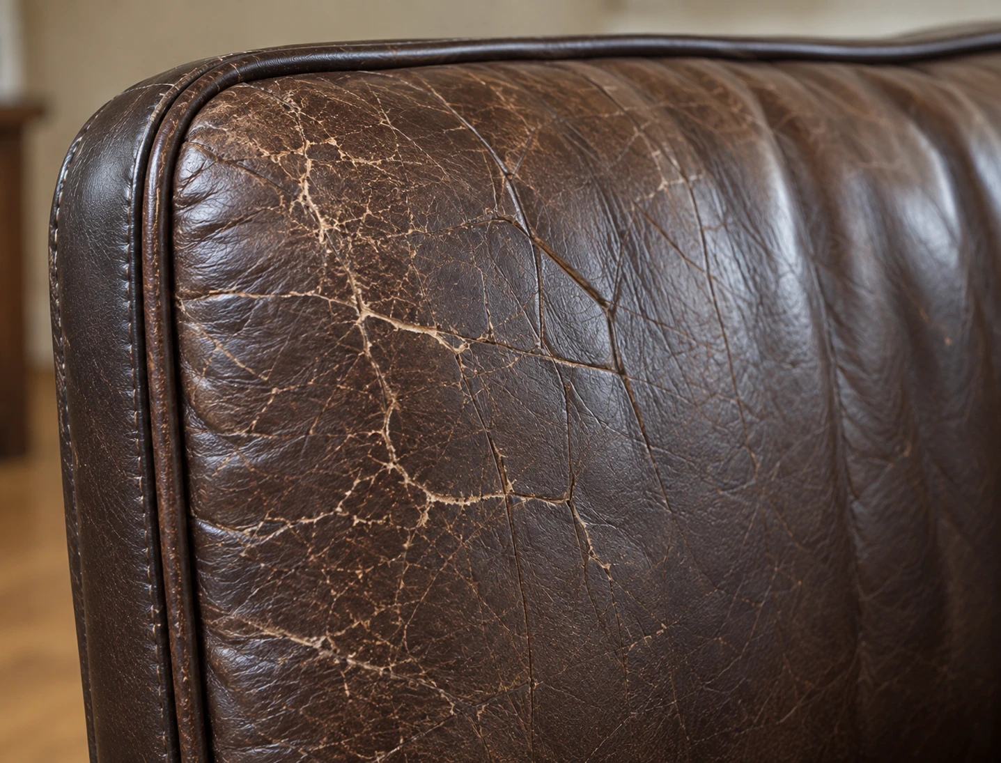 Cracked leather along the top of a dining chair back