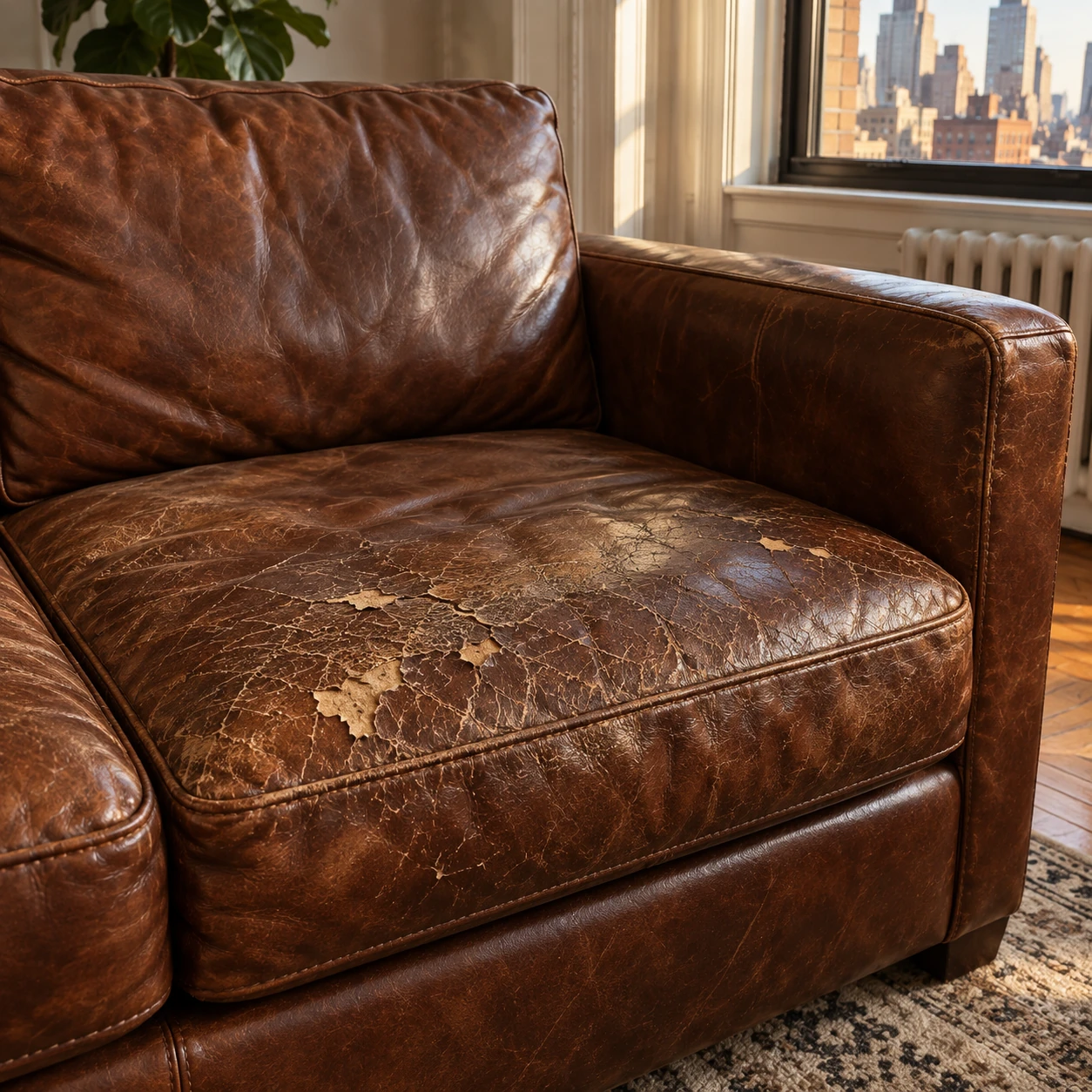 Cracked leather seat awaiting repair