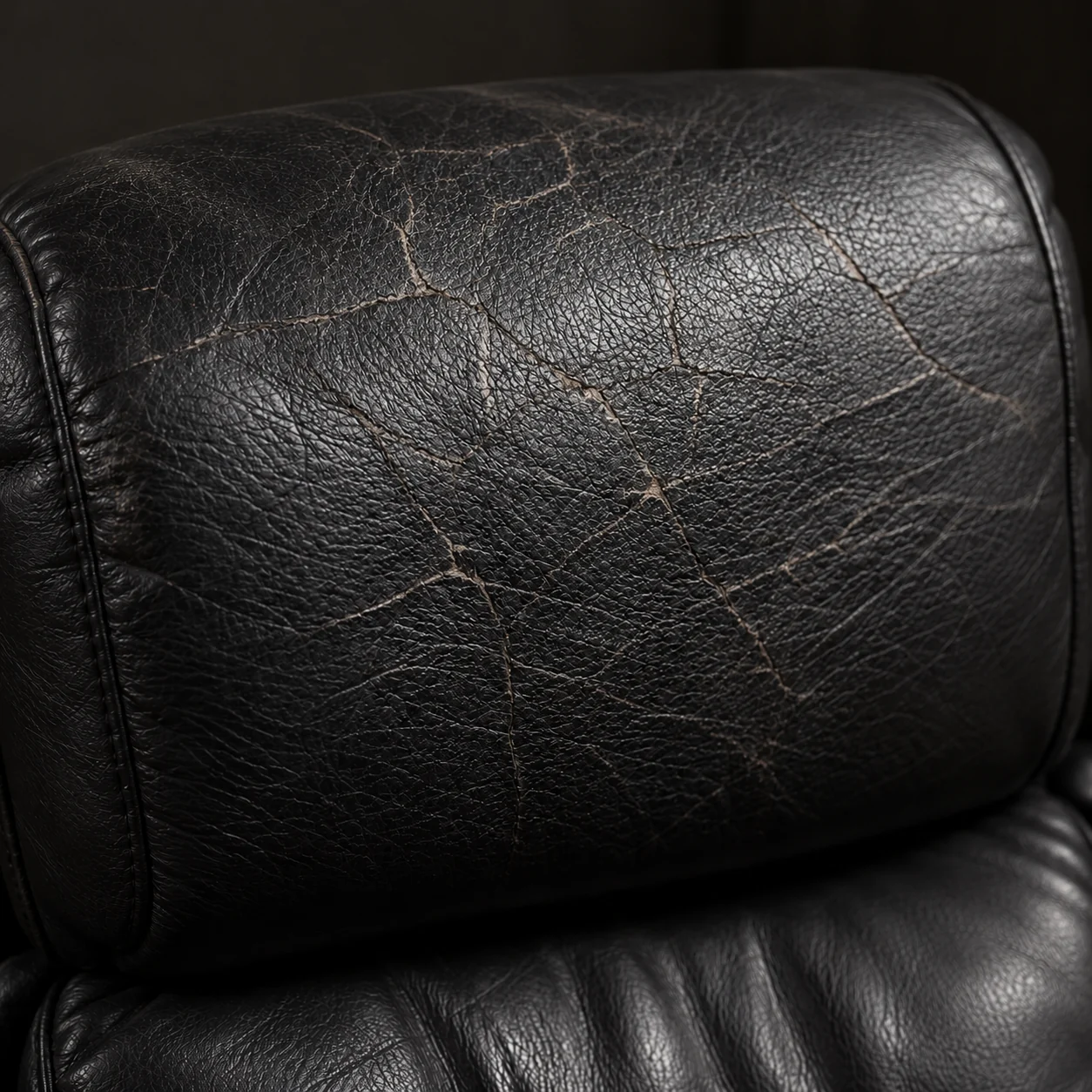 Fine cracking across the top of a black leather cushion