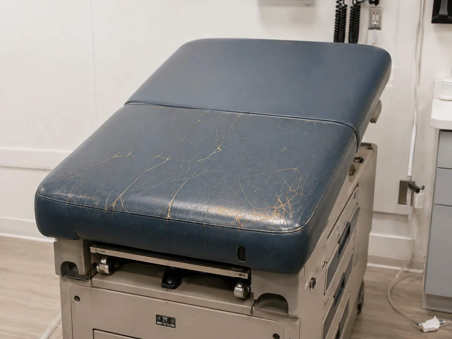 Fine cracks starting across a navy exam table seat