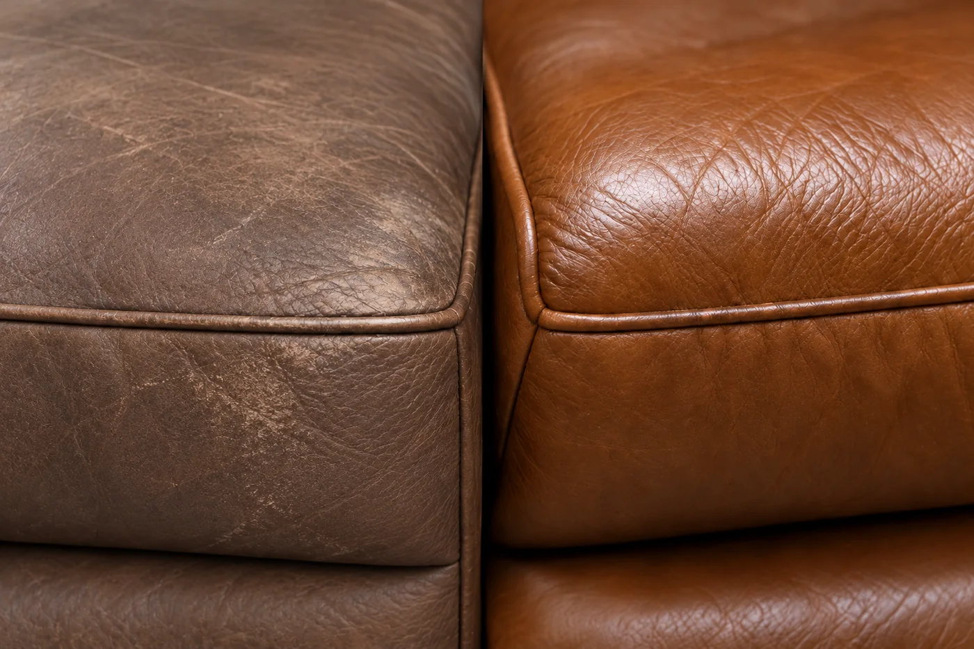 Faded leather seat before and after colour restoration