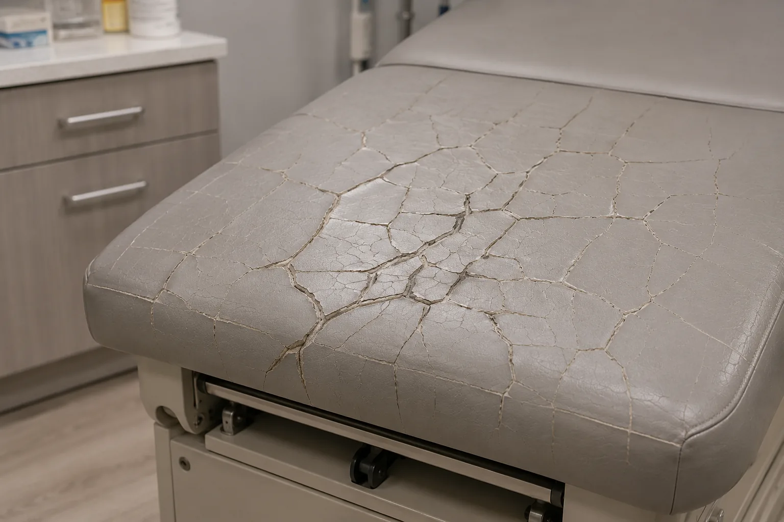 Grey exam table vinyl crazed into a web of cracks