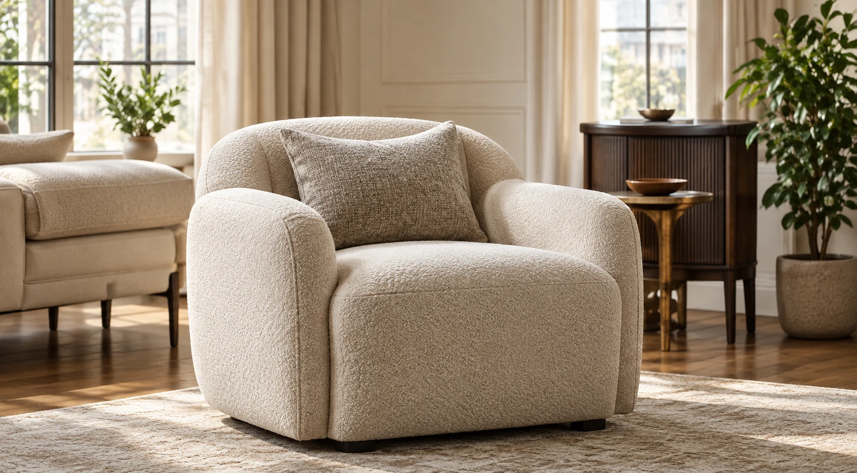 Cream boucle swivel armchair in a bright living room after a full reupholstery