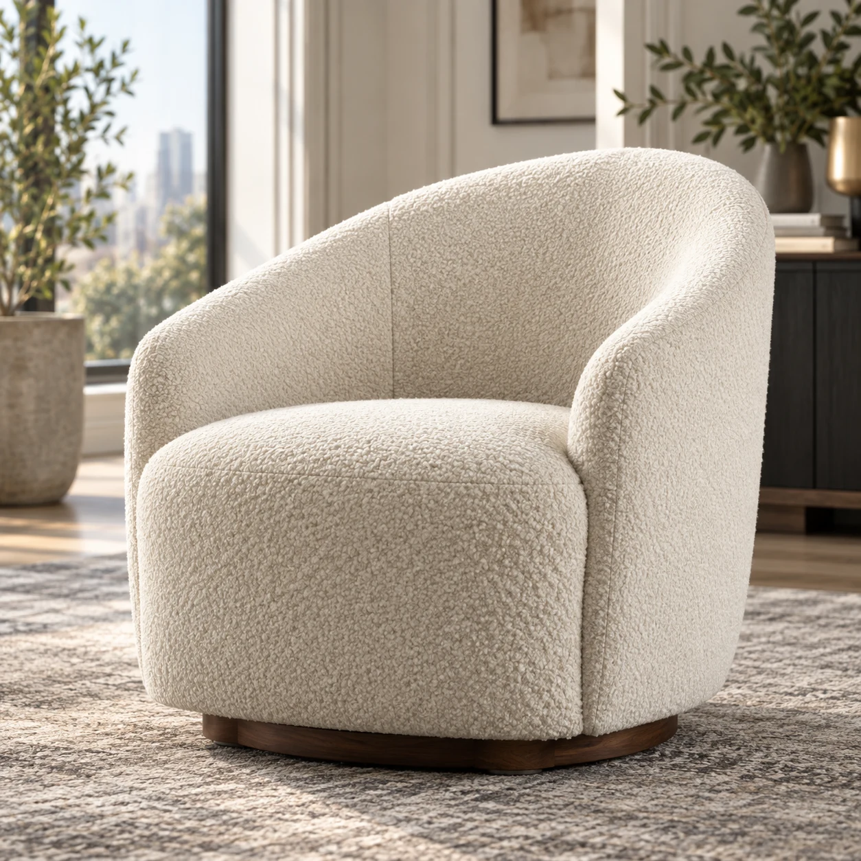 Cream boucle swivel chair beside a city window with plants