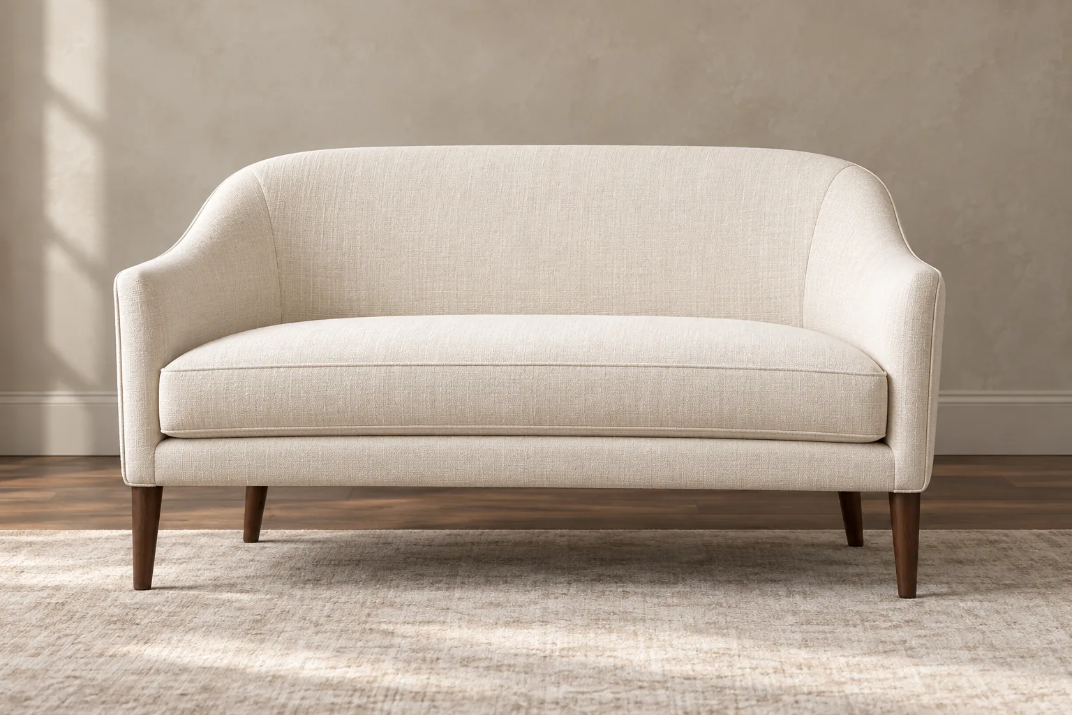 Cream fabric settee with a curved back and a single bench seat cushion