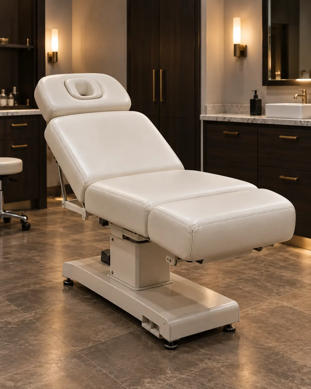 A cream facial bed on a pedestal base
