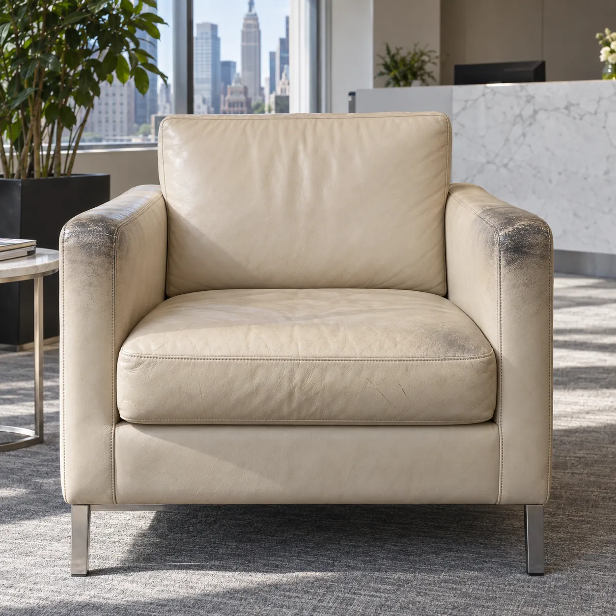 Cream leather armchair with worn arms