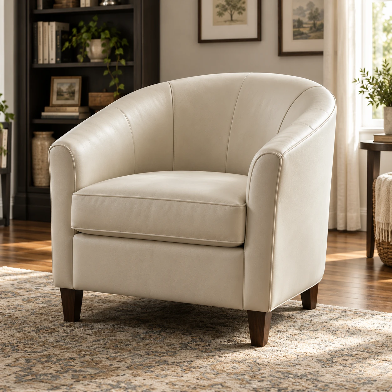 Cream leather barrel chair