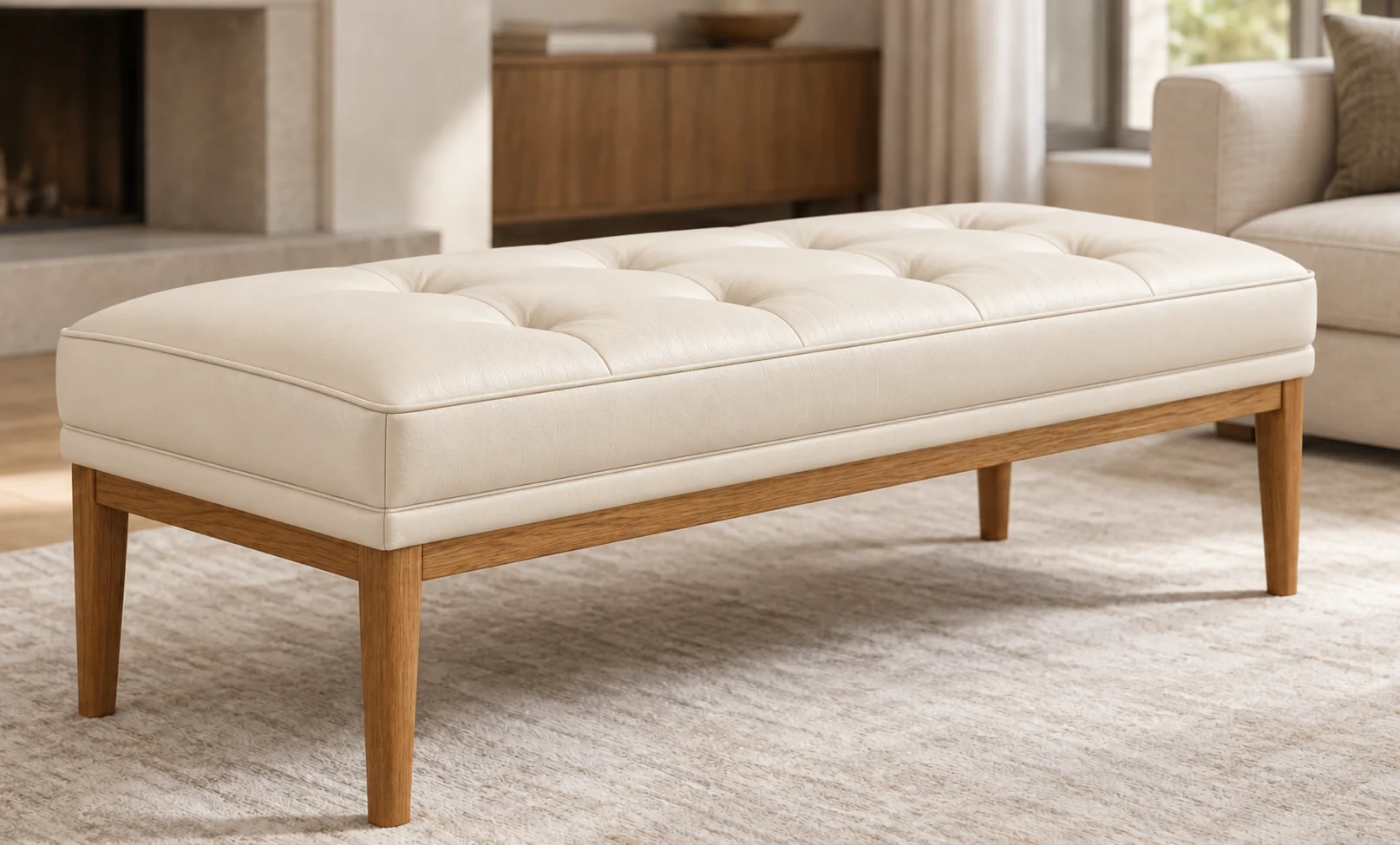 A cream leather bench ottoman on an oak frame