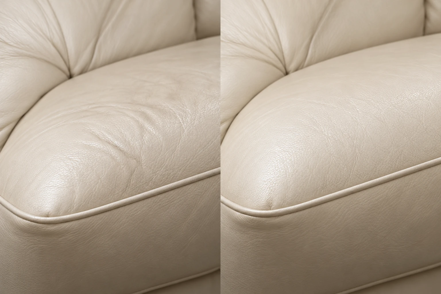 Cream leather cushions before and after refilling