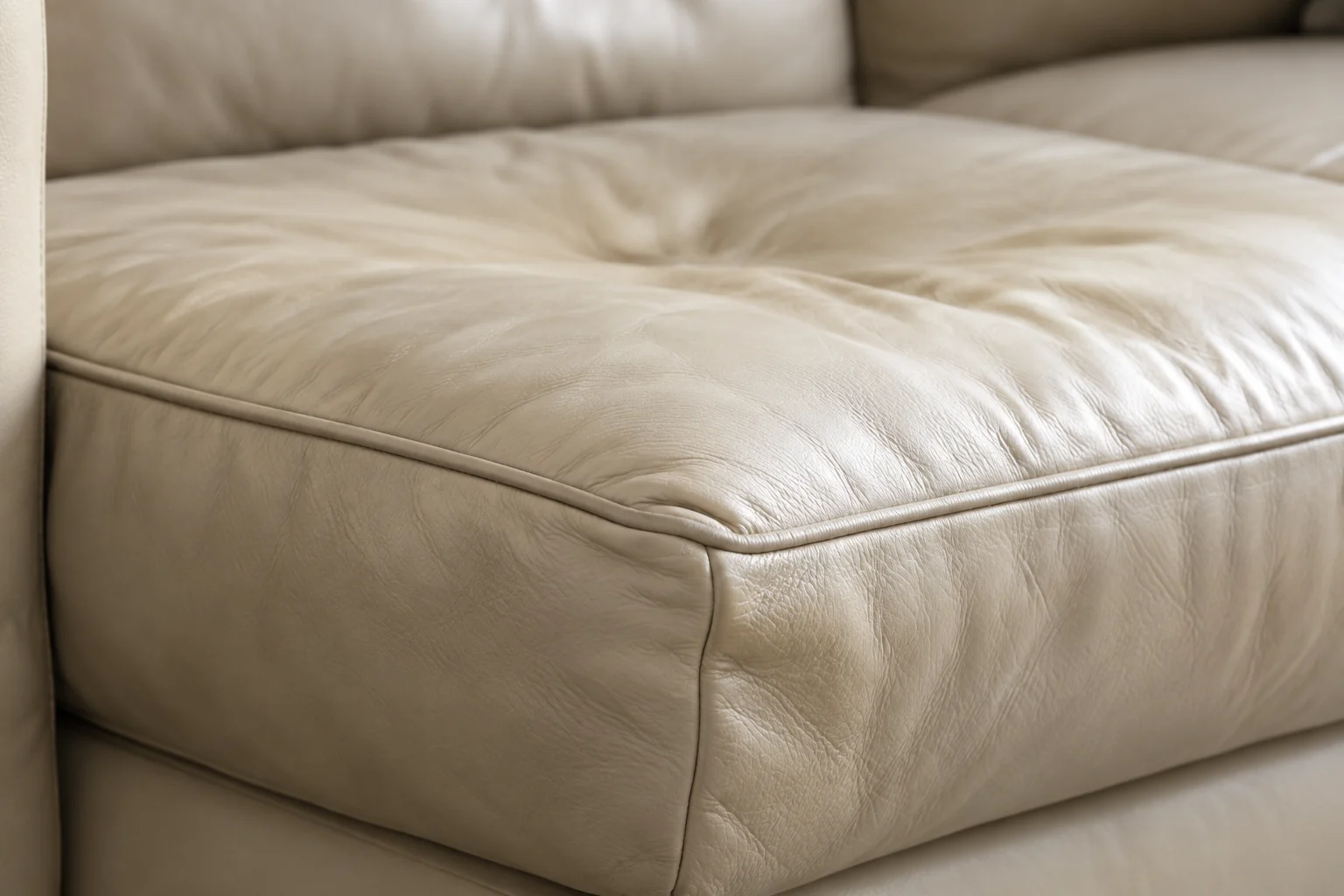 A soft cream leather ottoman top, lightly yellowed and creased