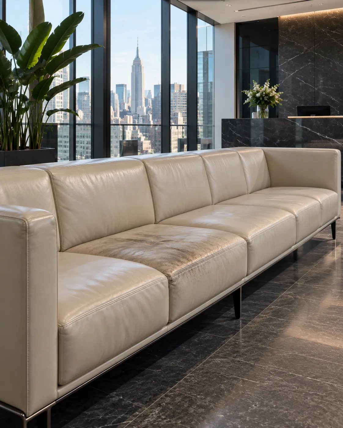 A long cream leather reception bench sofa by office windows