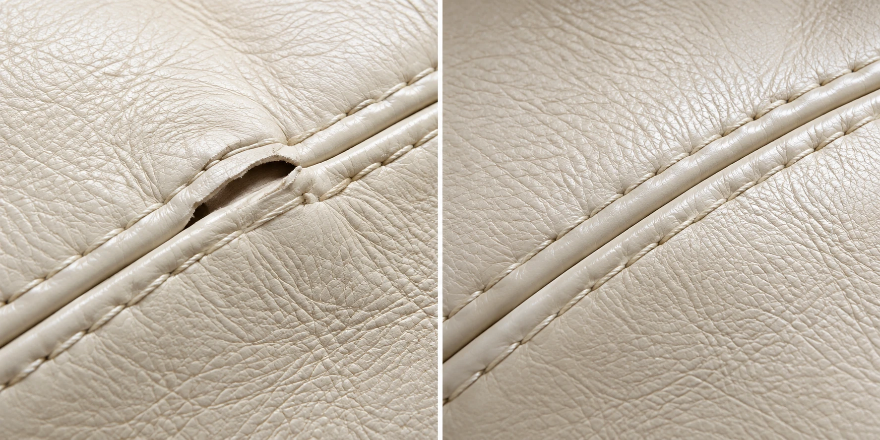 Cream leather seam split before and after