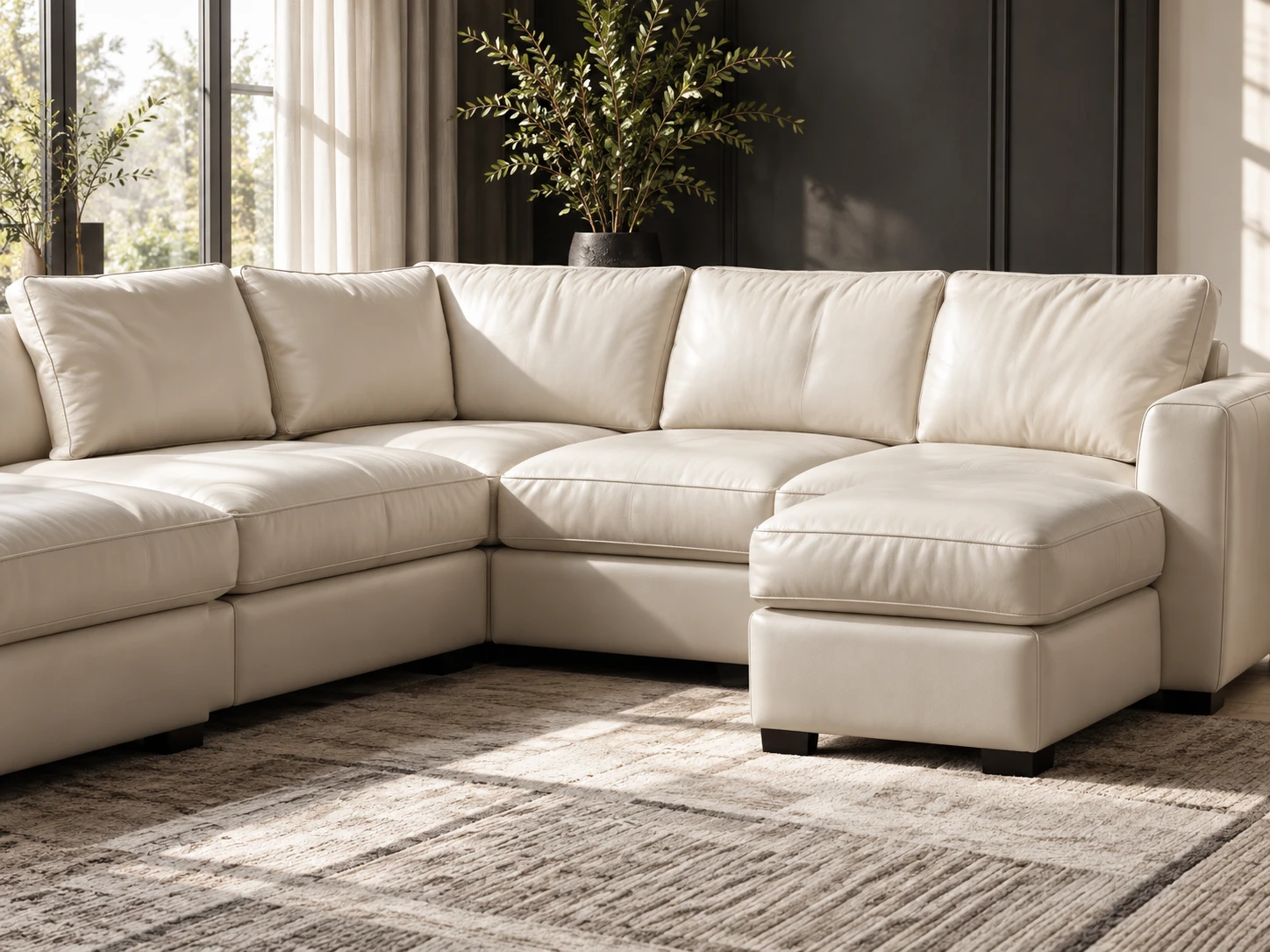 Cream leather sectional in a living room