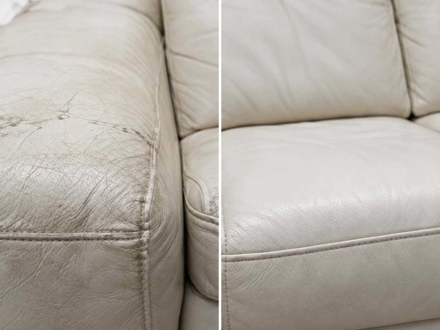 Cream leather sofa seat before and after repair