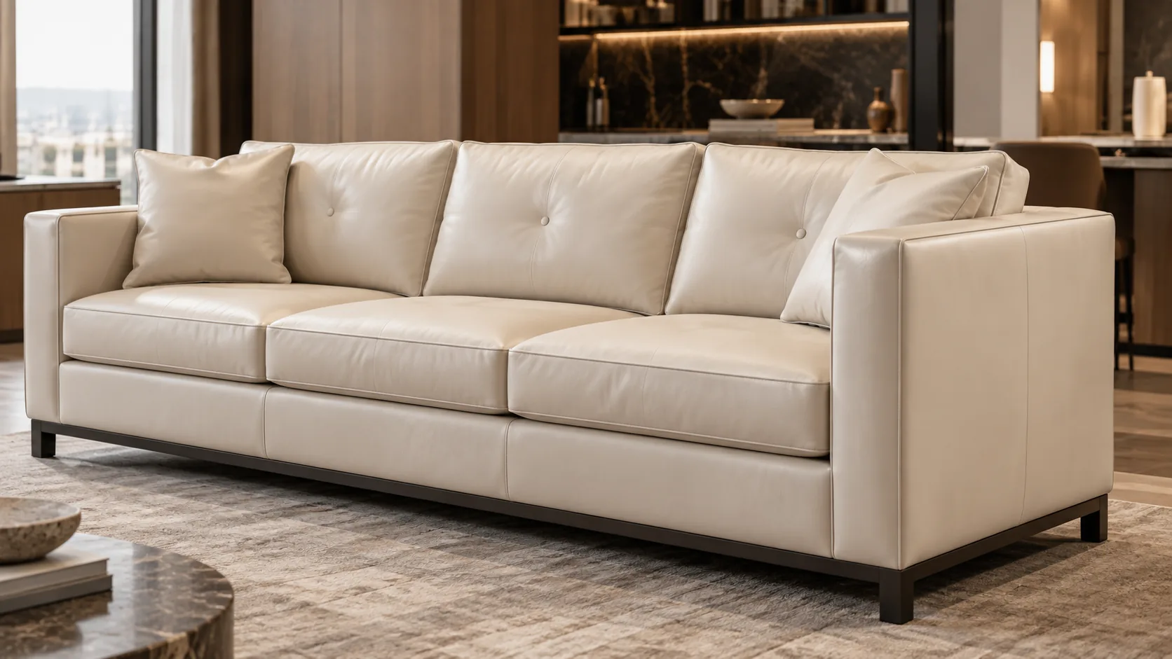 Cream leather sofa in a model residence after trade punch-list work