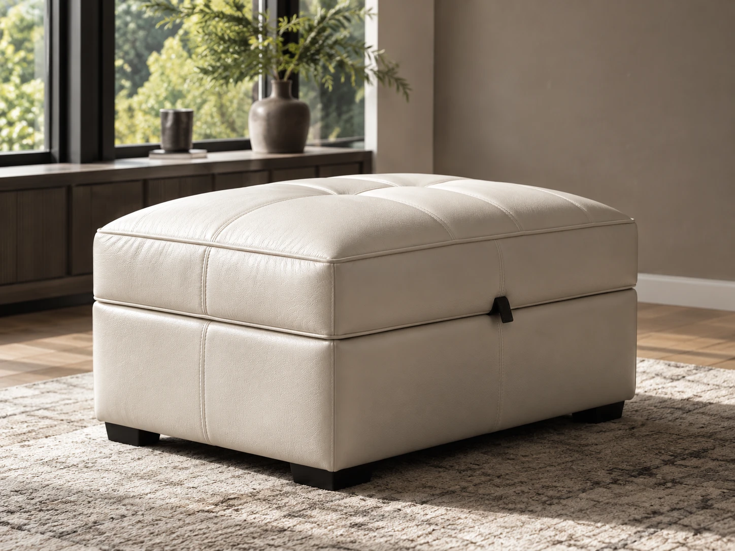 Cream leather storage ottoman
