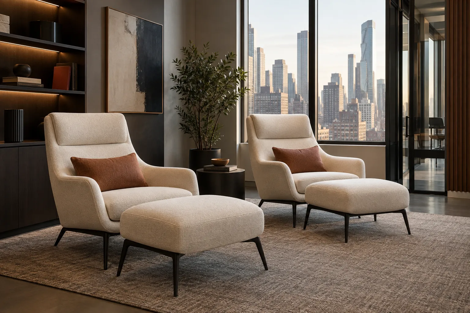 Cream lounge chairs and an ottoman