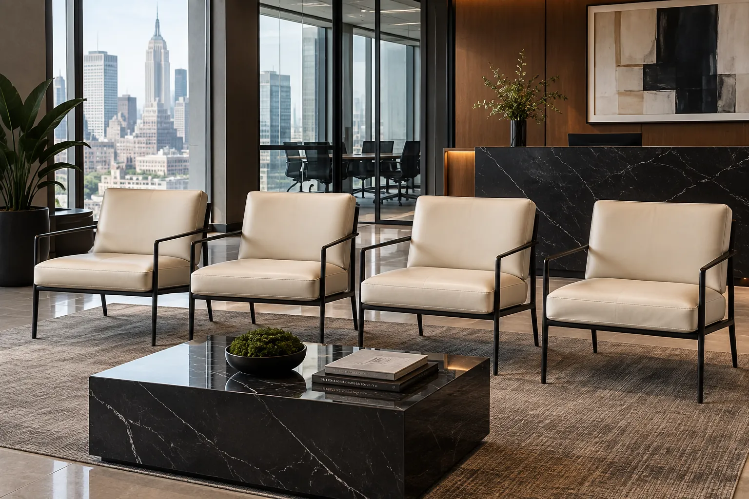 Cream lounge chairs in a reception area