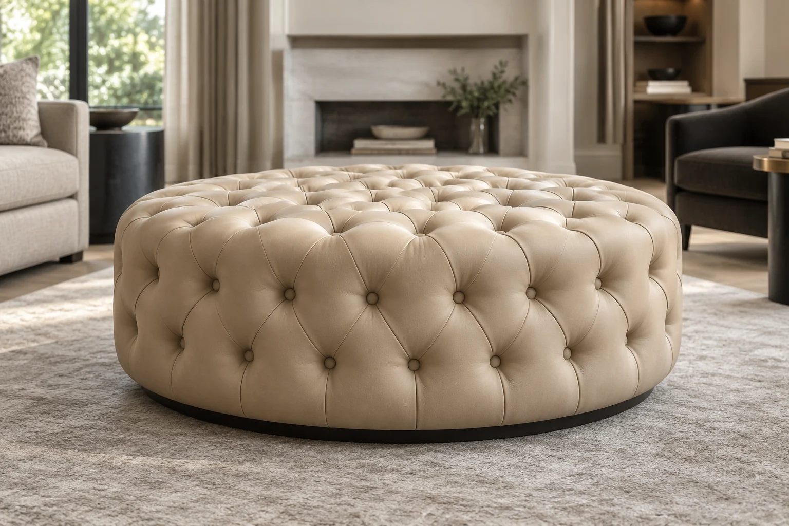 A large cream round deep-buttoned leather ottoman in front of a fireplace