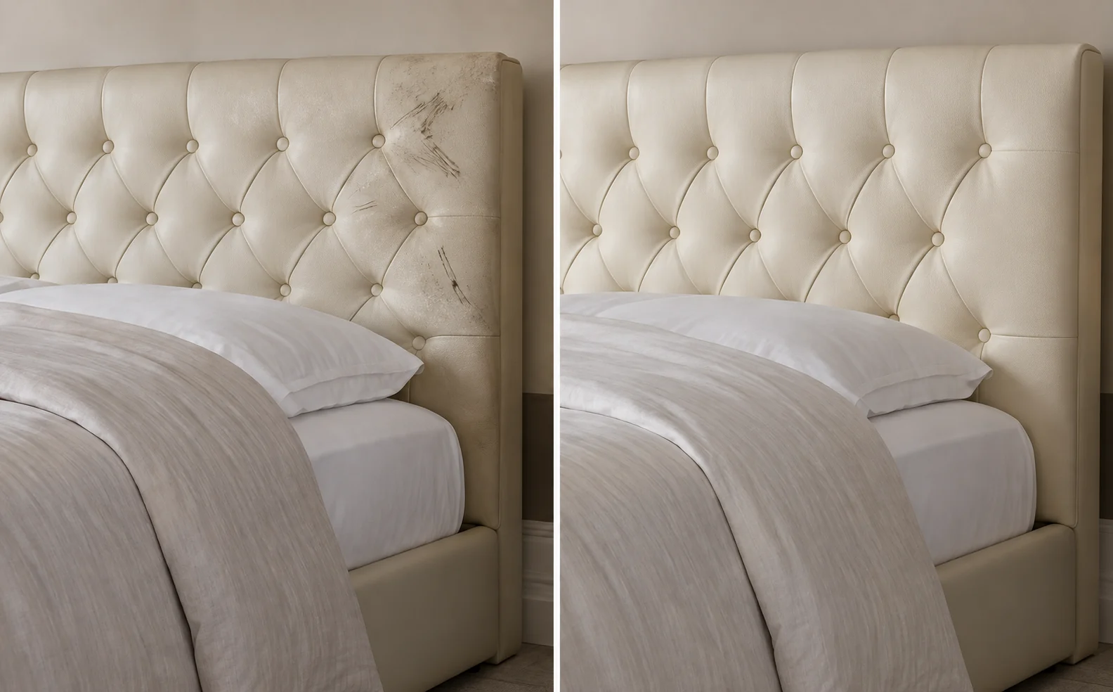 Cream diamond-tufted leather headboard photographed twice: a torn and scratched area high on the face, then an even cream surface
