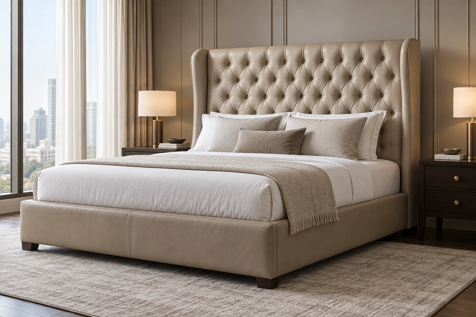 Cream buttoned wingback bed with tall side wings in a bright bedroom