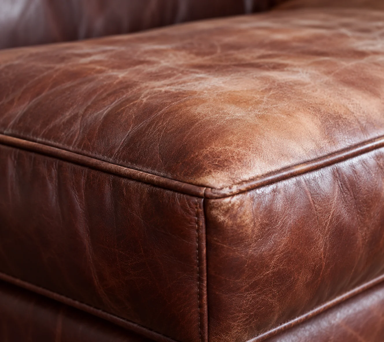 A creased brown leather ottoman corner with color worn off the high points