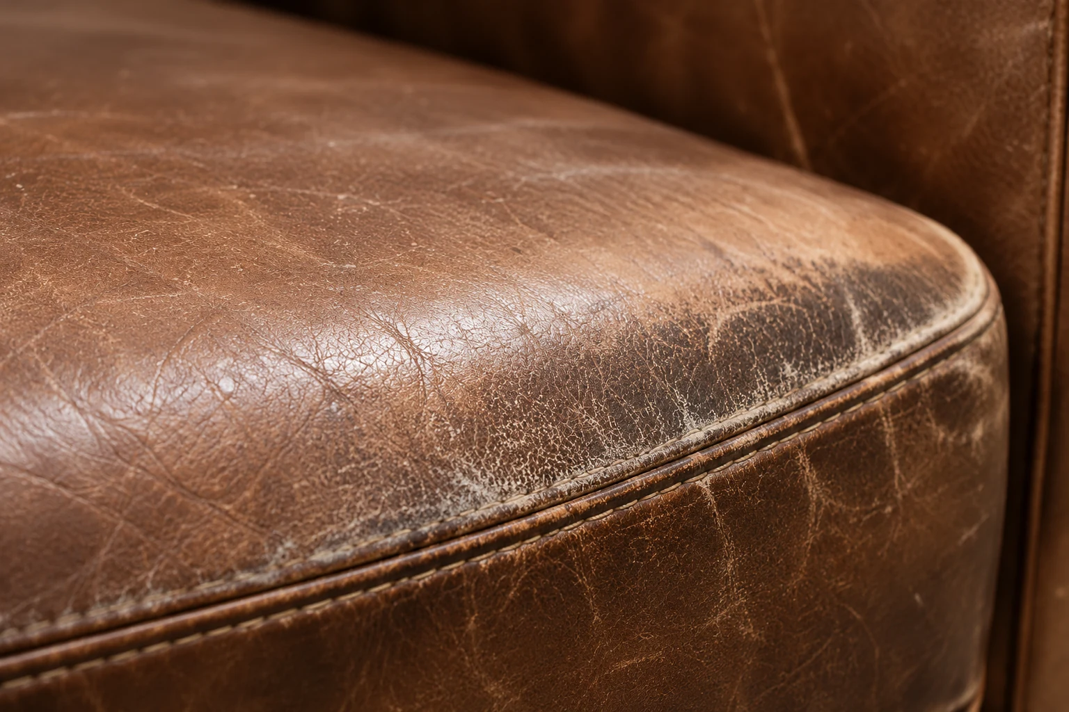 Creased and faded corner of a tan leather seat cushion