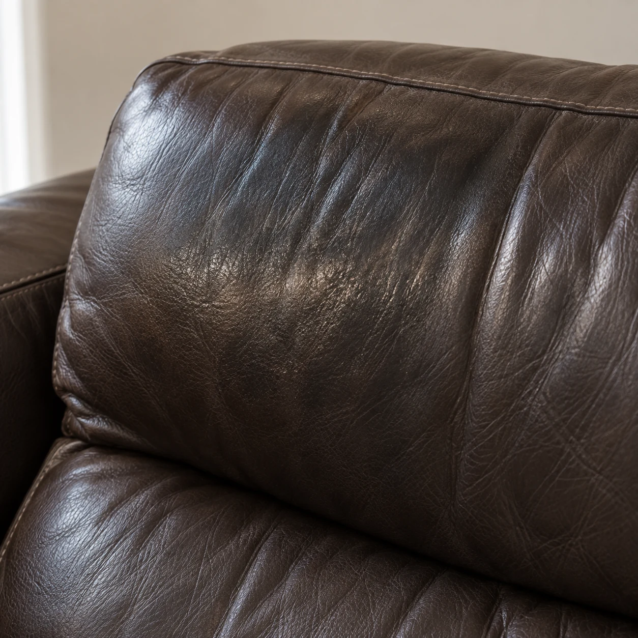 Creased headrest cushion on a dark leather sectional