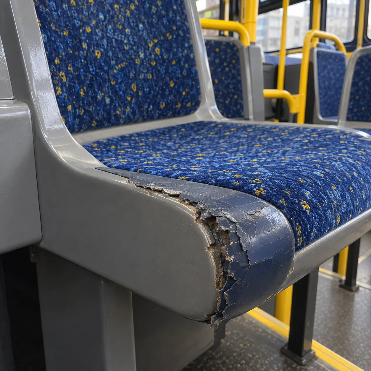 Brittle, crumbling vinyl at the edge of a bus seat