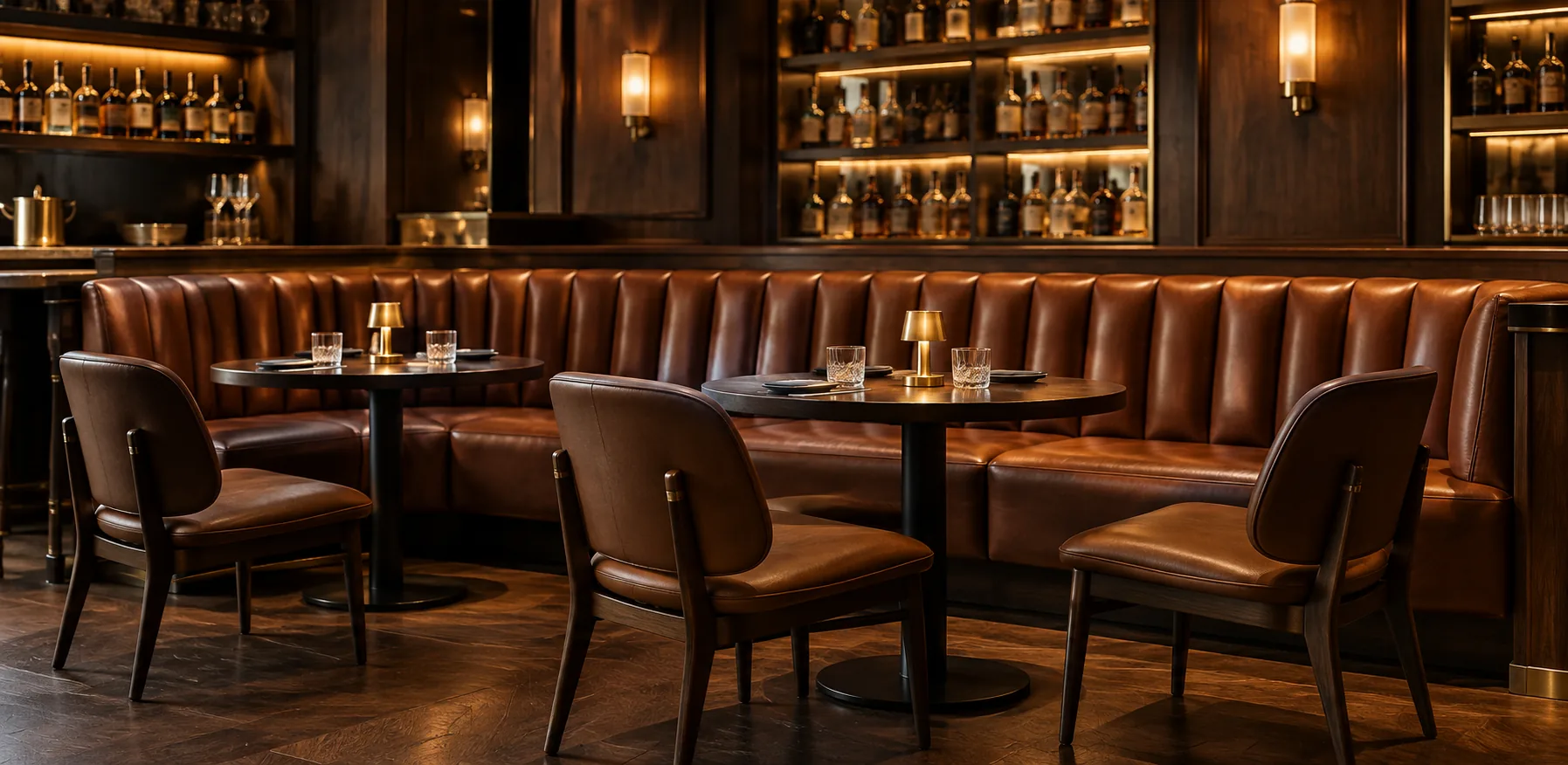 A curved brown leather bar banquette with loose chairs