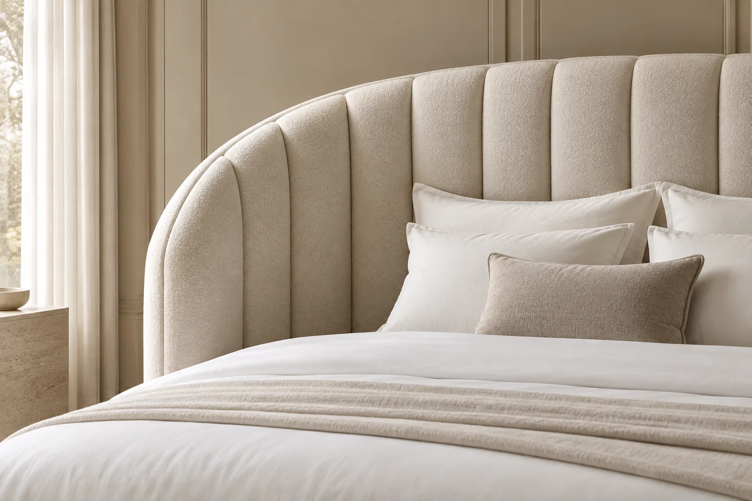 Cream bouclé headboard with curved channel tufting built over a flat substrate