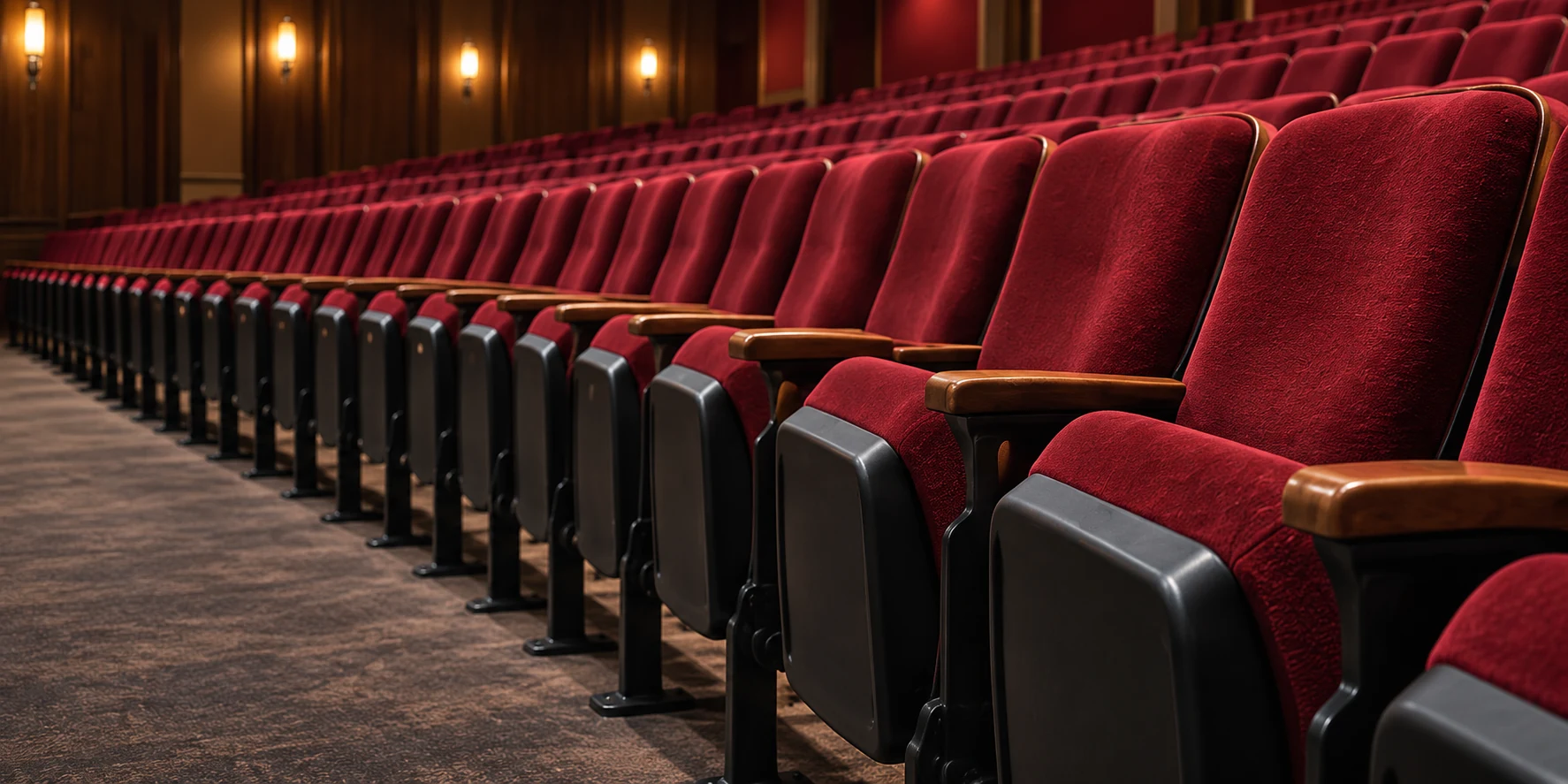 Curved row of red theater seats seen end to end, the arc of the row visible