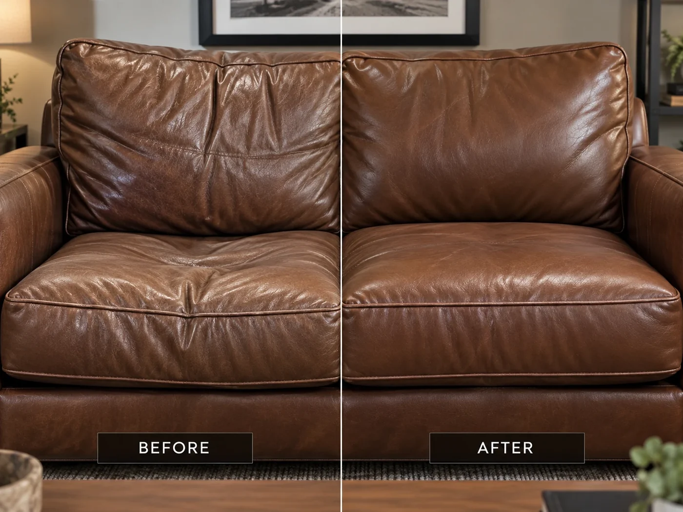 Brown leather loveseat cushions before and after