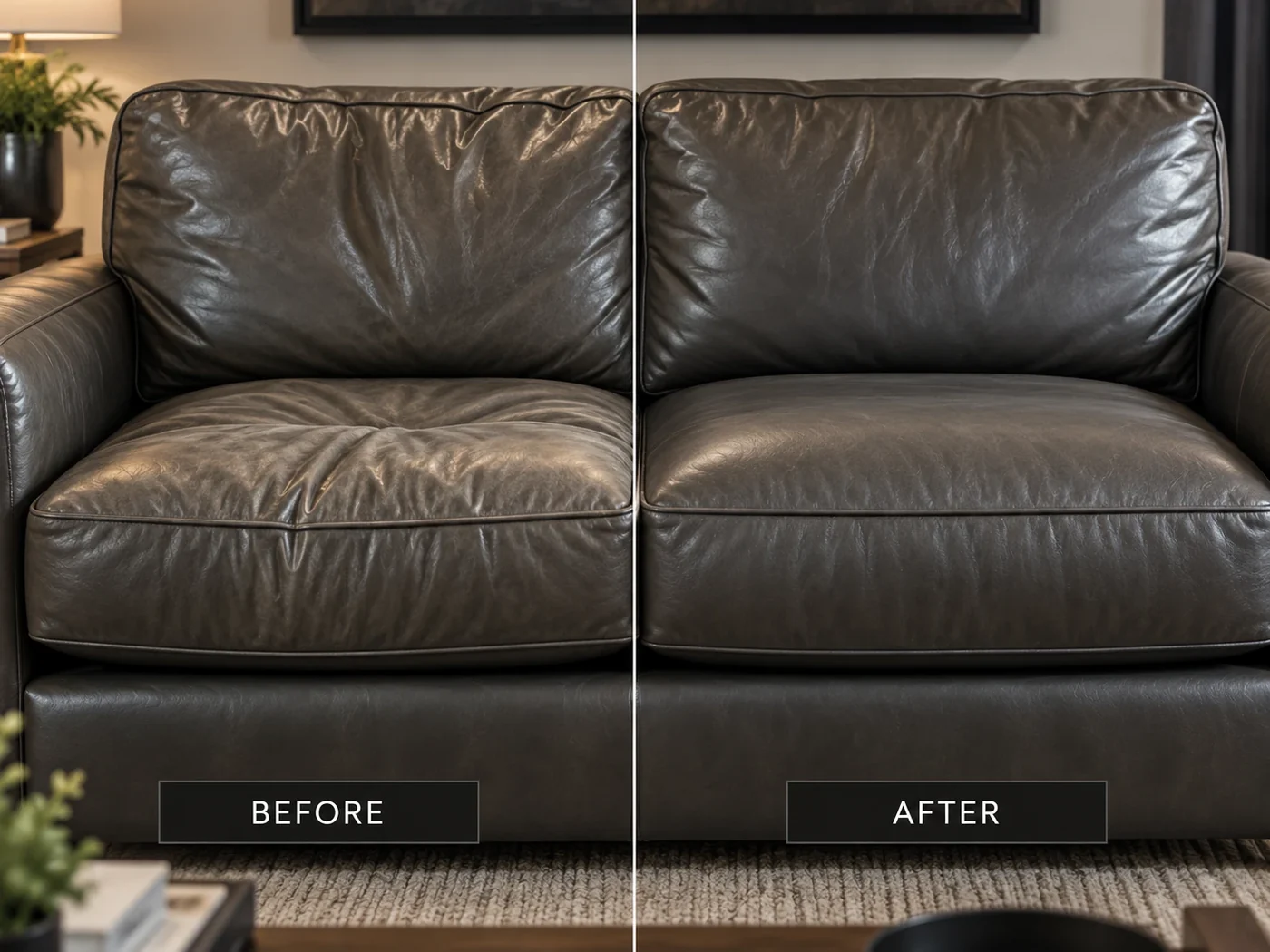 Charcoal leather cushions before and after
