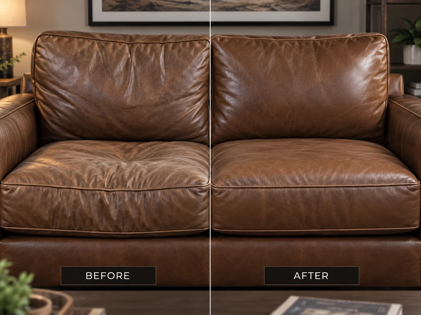 Leather cushion repair before and after on a cognac leather loveseat seat cushion