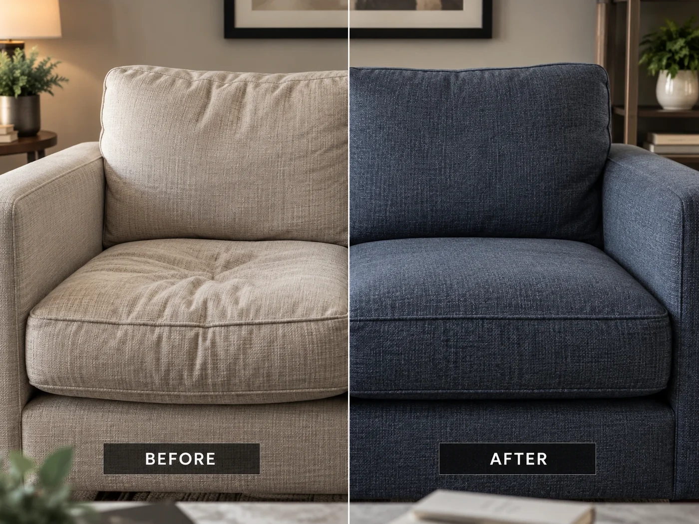 Beige armchair recovered in navy fabric