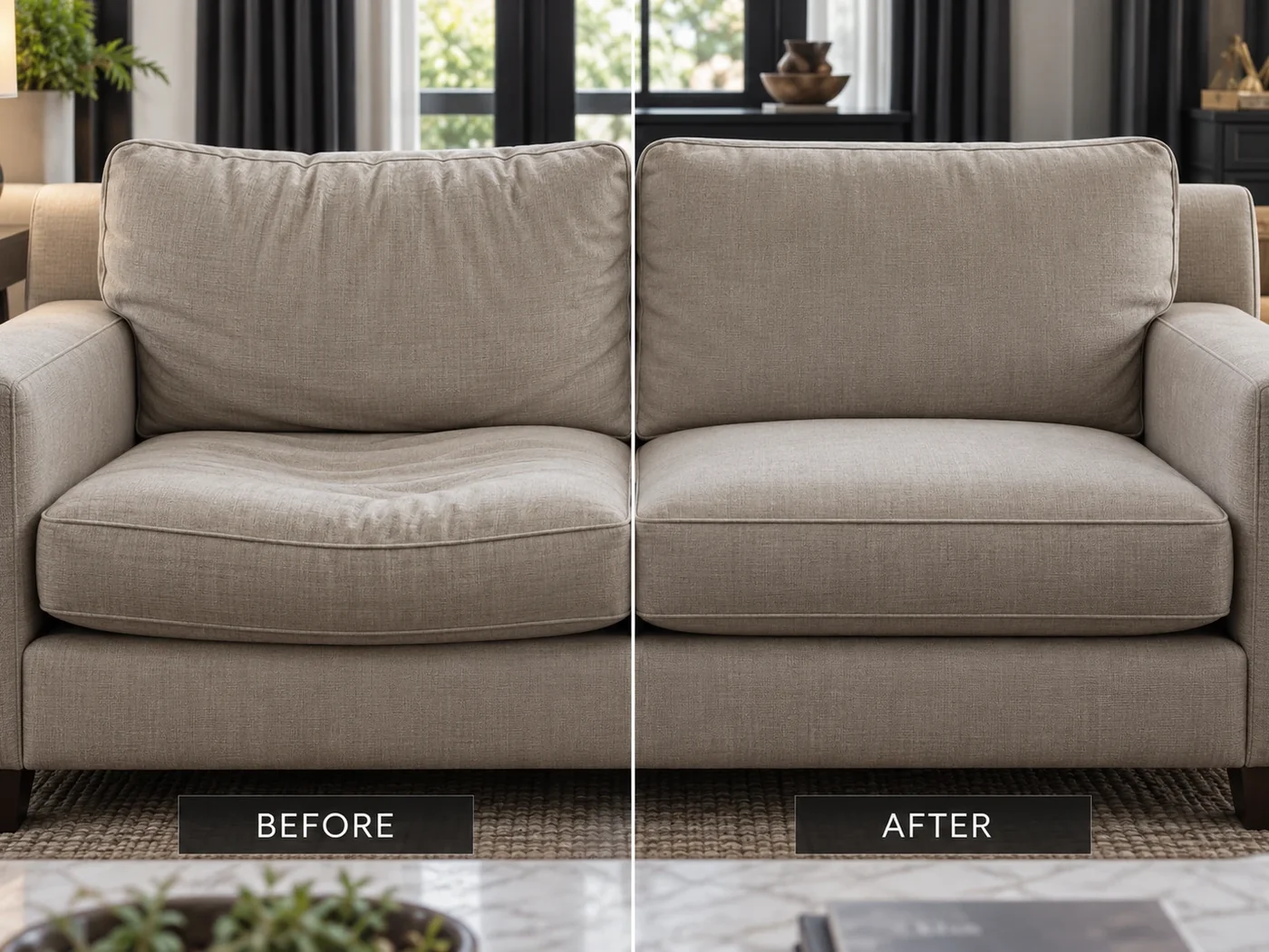 Sagging taupe loveseat cushions before and after