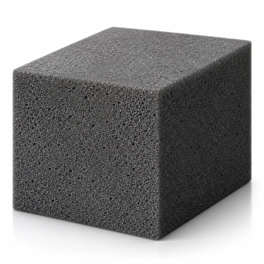 Block of charcoal gray firm cushion foam with a dense cell structure