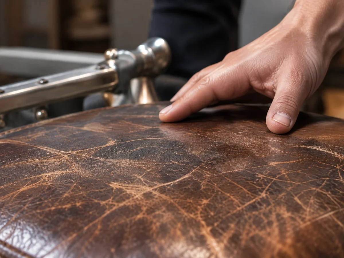 Hand reading the surface of a crazed brown leather seat pad