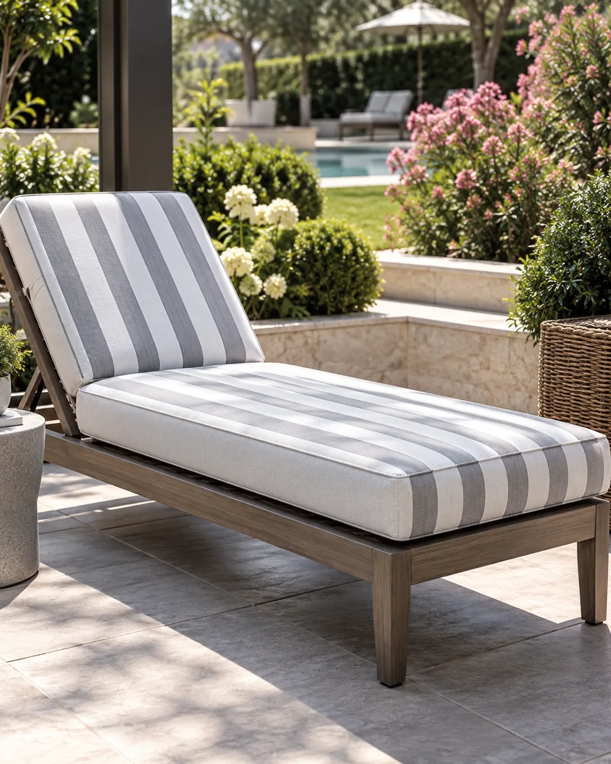 Outdoor chaise longue on a pool terrace with a gray and white striped seat and back cushion
