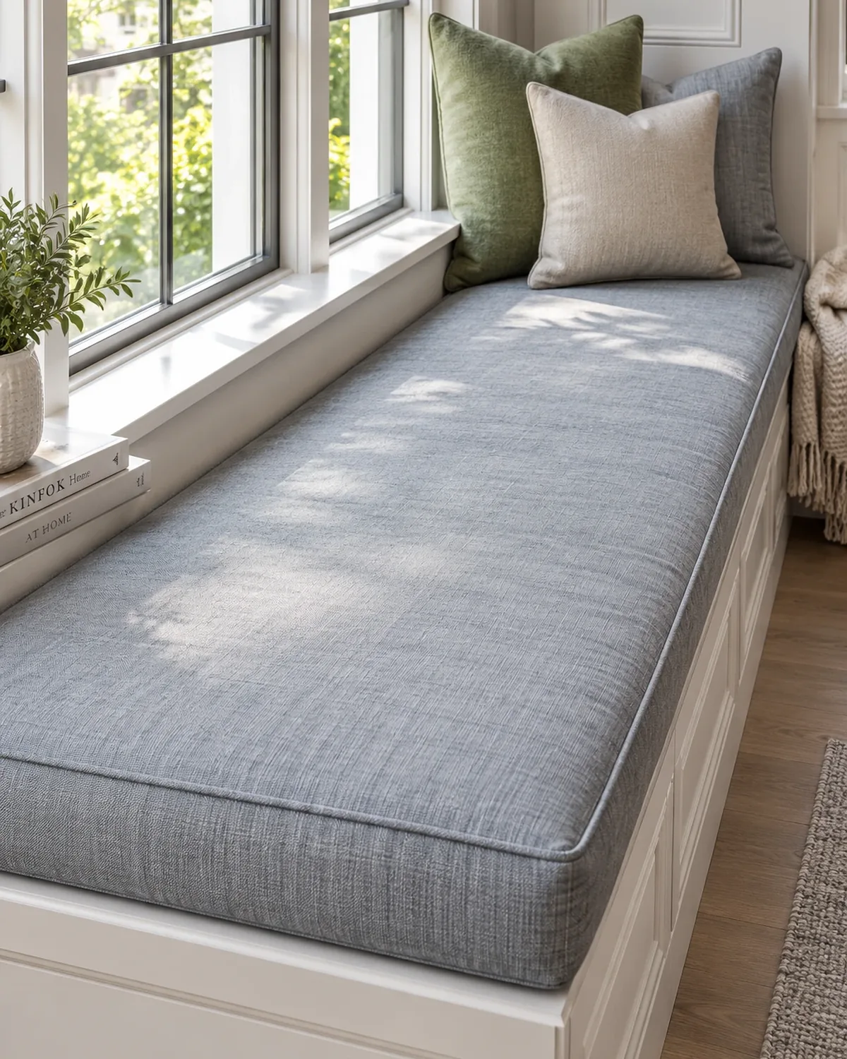 Built-in window seat with a long gray linen pad running the full length of the nook