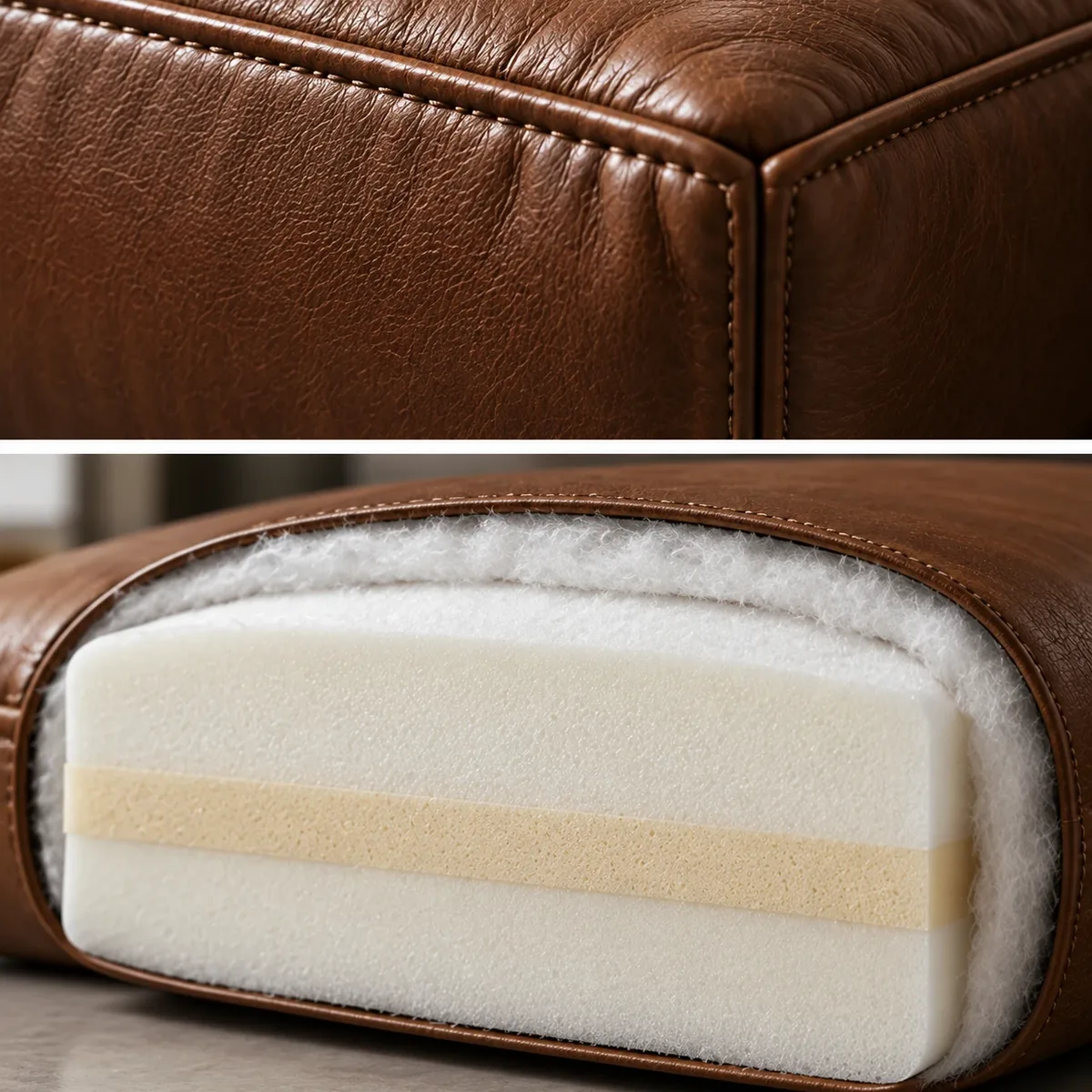 Stitched leather cushion corner above a cutaway showing layered foam wrapped in a fiber layer