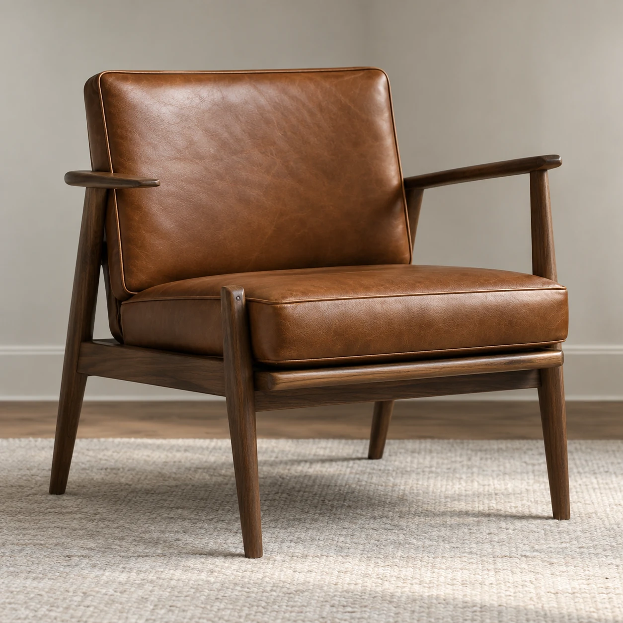 Mid-century walnut armchair in brown leather