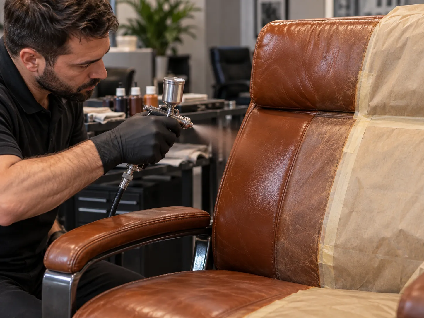 A cognac leather office chair back being re-colored