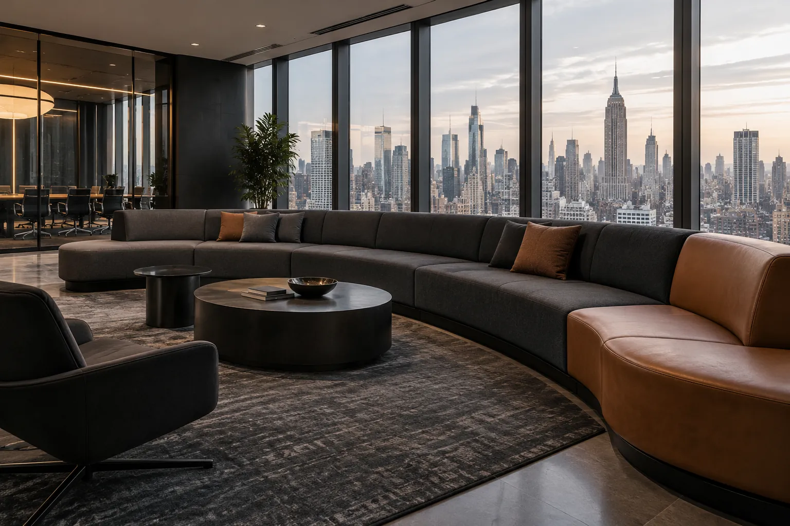 A custom curved lounge sofa in an office lounge