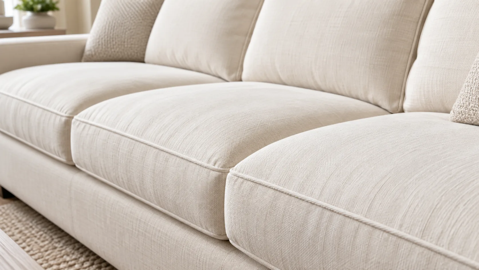 Close-up of newly filled cream sofa cushions