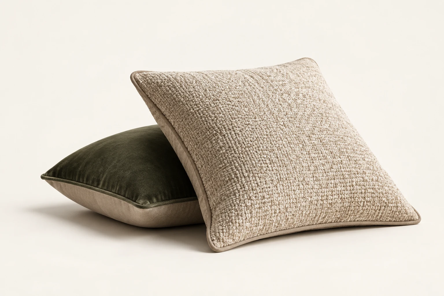 Custom cushions in green velvet and textured linen