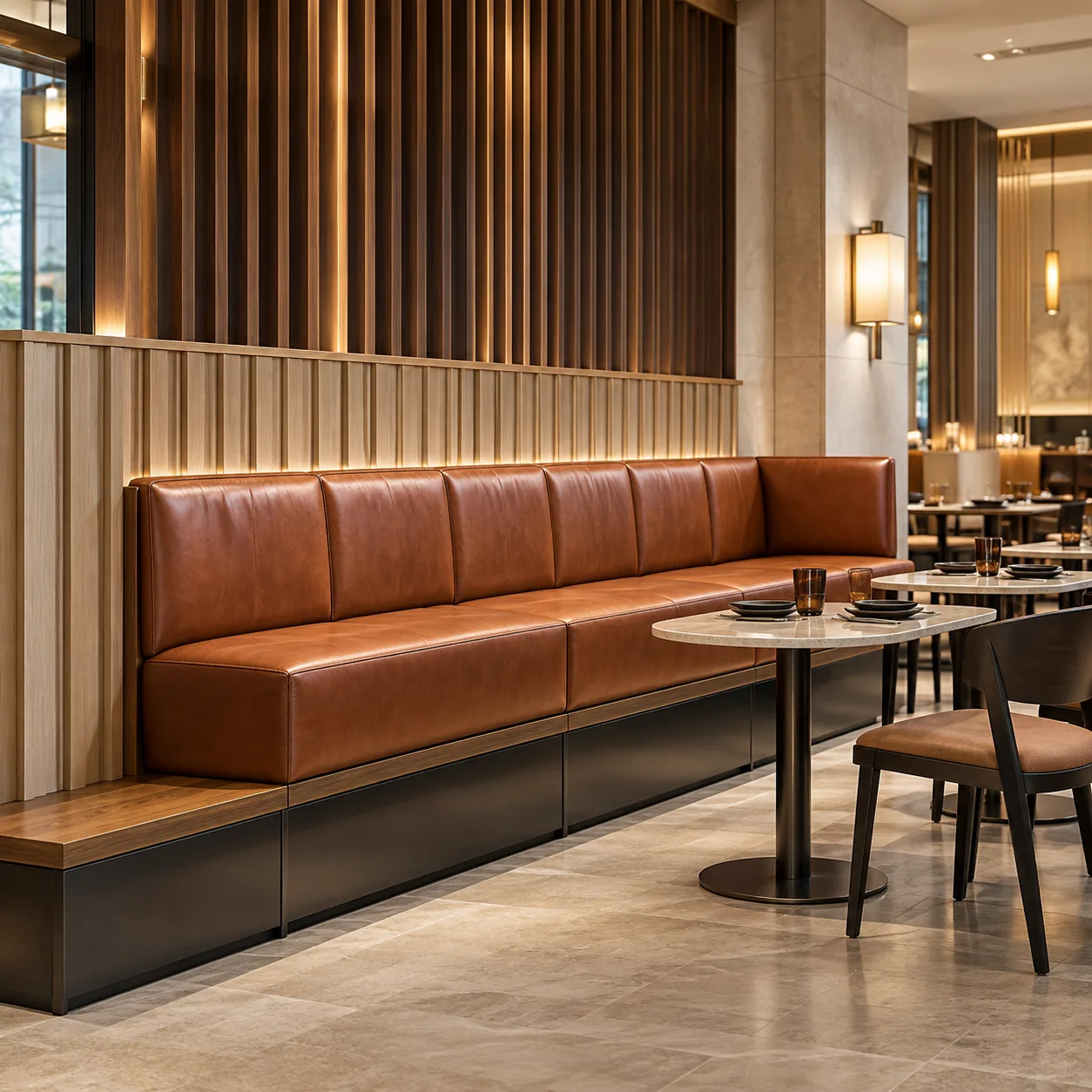 Caramel leather banquette bench built against a slatted wood wall