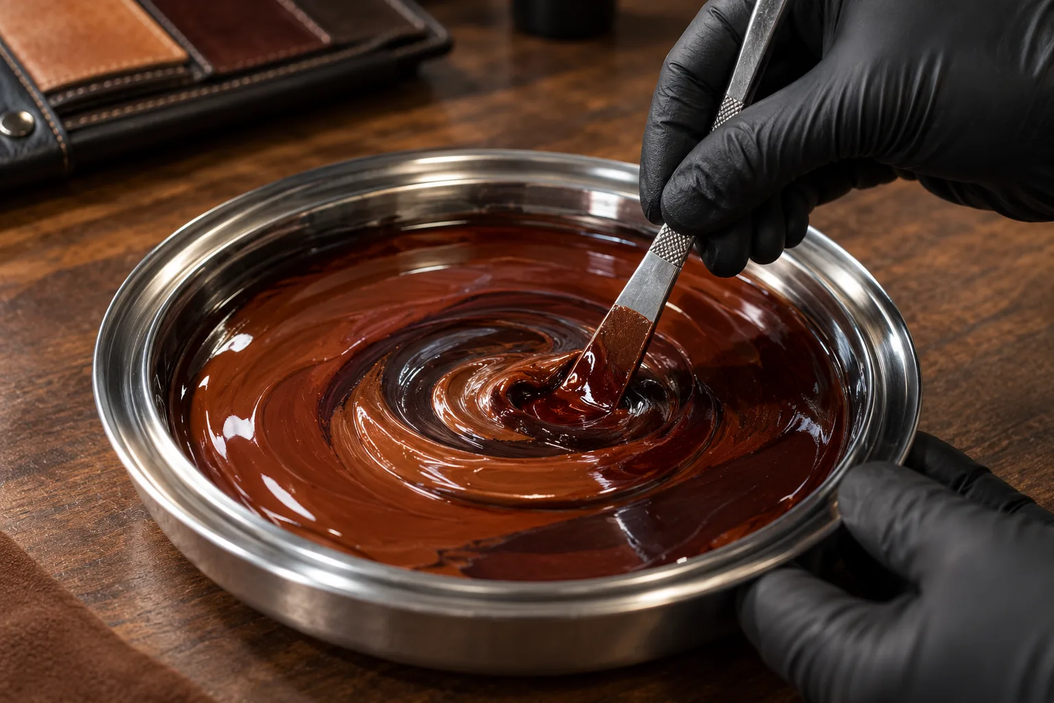 Leather dye being mixed in a pan